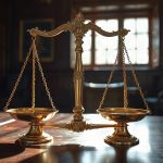 Старинные золотые весы правосудия стоят на темном деревянном столе в судейском кабинете