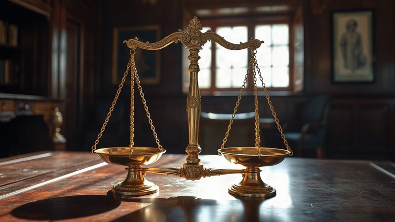 Старинные золотые весы правосудия стоят на темном деревянном столе в судейском кабинете