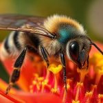 Реалистичная макрофотография крошечной синеполосой пчелы, отдыхающей на лепестке яркого дикого цветка под ярким естественным солнечным светом с детализированными сложными глазами