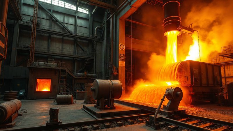 Слив раскаленного чугуна в чугуновозный ковш в литейном цеху металлургического завода