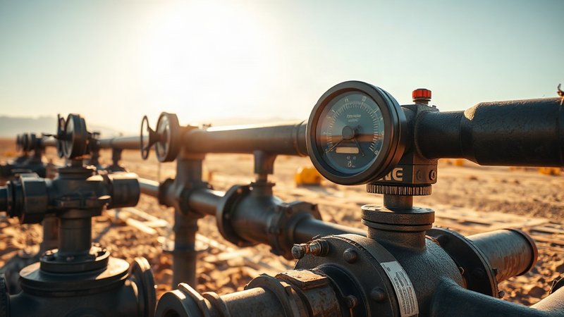 Узел распределения магистрального нефтепровода с трубами и манометрами в пустынной местности