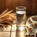 Сосуд с чистой водой, колосья пшеницы и рушник на столе 9 Сентября.