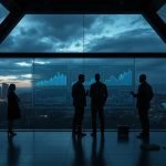 Силуэты руководителей IT-компаний во время обсуждения правил безопасности искусственного интеллекта у стеклянного экрана