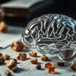 Стеклянная модель человеческого мозга в лучах света среди рукописных научных записей и природных образцов породы