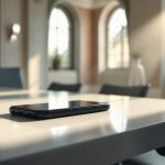 Выключенный современный смартфон на полированном столе в светлом европейском интерьере