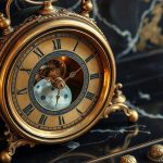 Старинные каминные часы с диском фаз Луны и открытым механизмом шестеренок