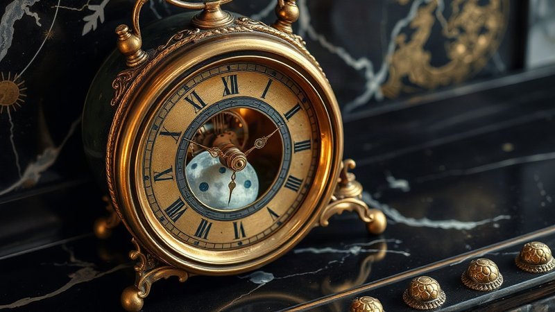 Старинные каминные часы с диском фаз Луны и открытым механизмом шестеренок