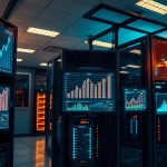Научно-исследовательская лаборатория со светодиодными серверами и прозрачными экранами статистики ИИ