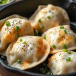 Золотистые жареные пельмени с хрустящей корочкой в чугунной сковороде, посыпанные черным перцем и зеленым луком.