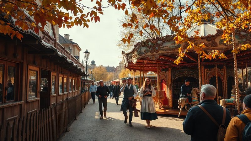 Историческая часть Октоберфеста Oide Wiesn со старинной каруселью и гостями в традиционных баварских костюмах