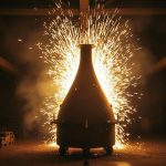 Грушевидный стальной бессемеровский конвертер с выбросом пламени и снопа искр при продувке.