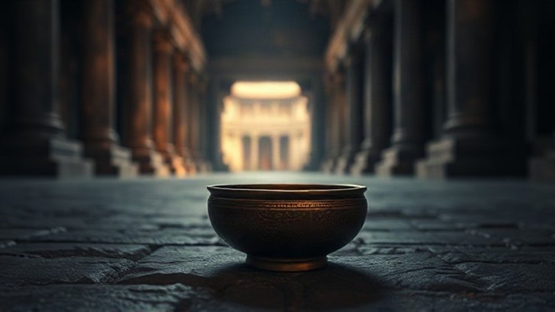 Изящная старинная золотая чаша для подаяний лежит на грубой текстурной каменной поверхности