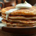 Высокая стопка пышных золотистых оладий на смальце на глиняной тарелке со сметаной.