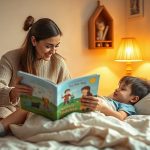 Мама перед сном читает сыну сказку из книги с иллюстрациями в мягком свете торшера.