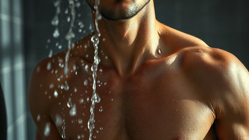 Свежие капли воды стекают по рельефным плечам мужчины в современной душевой.