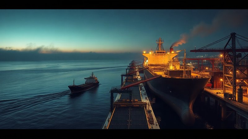 Морской нефтяной терминал в сумерках с пришвартованным танкером у причала