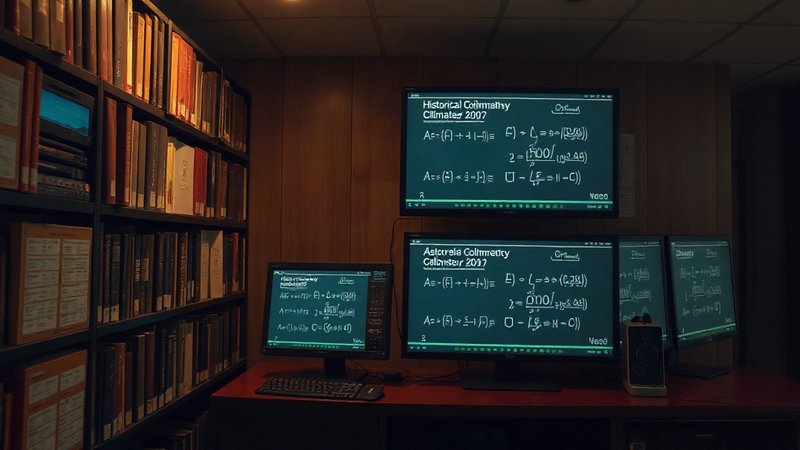Исторические архивы климатических данных рядом с современными цифровыми мониторами, отображающими уравнения химии атмосферы.