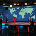 Студия политических новостей с фоном цифровой карты мира и профессиональным освещением.