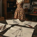 Изящный эскиз платья 1920-х годов в стиле конструктивизма, матерчатые сантиметры и старинный журнал лежат на рабочем столе.