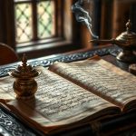 Древний персидский рукописный свиток с золотыми символами на фоне резного деревянного стола.