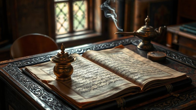 Древний персидский рукописный свиток с золотыми символами на фоне резного деревянного стола.