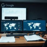 Профессиональный офисный стол с цифровыми экранами и официальными корпоративными документами с логотипом Google.