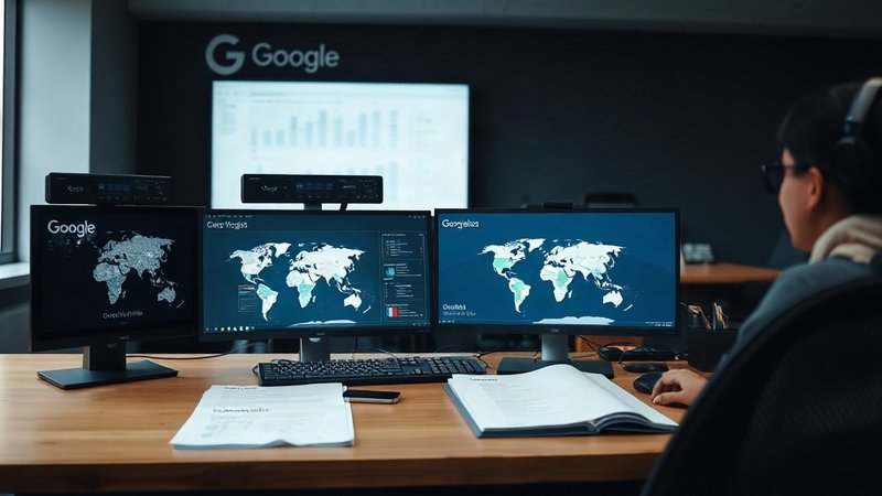 Профессиональный офисный стол с цифровыми экранами и официальными корпоративными документами с логотипом Google.