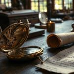 Раскрытый старинный сложный часовой механизм с золотыми шестеренками и чертежами на столе мастера.