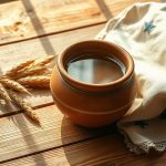 Глиняный сосуд с чистой водой, колосья пшеницы и рушник на столе 7 Сентября.