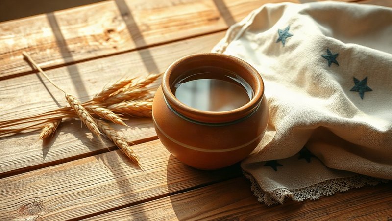 Глиняный сосуд с чистой водой, колосья пшеницы и рушник на столе 7 Сентября.
