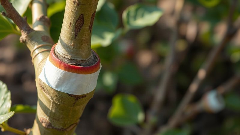 Узкое кольцо снятой коры у основания боковой ветви яблони, подготовленное для обмотки пленкой.