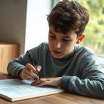 focused teenager with pen in hand making notes on the margin of printed book.