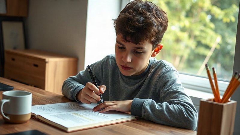 focused teenager with pen in hand making notes on the margin of printed book.
