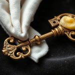 Большой старинный латунный ключ со сложным витым узором очищается мягкой салфеткой с лимонно-солевым раствором.