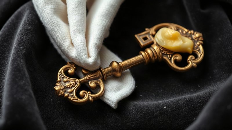 Большой старинный латунный ключ со сложным витым узором очищается мягкой салфеткой с лимонно-солевым раствором.