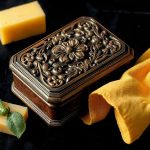 Кусочек желтого пчелиного воска и лоскут мягкой фланели лежат рядом с резной деревянной шкатулкой.