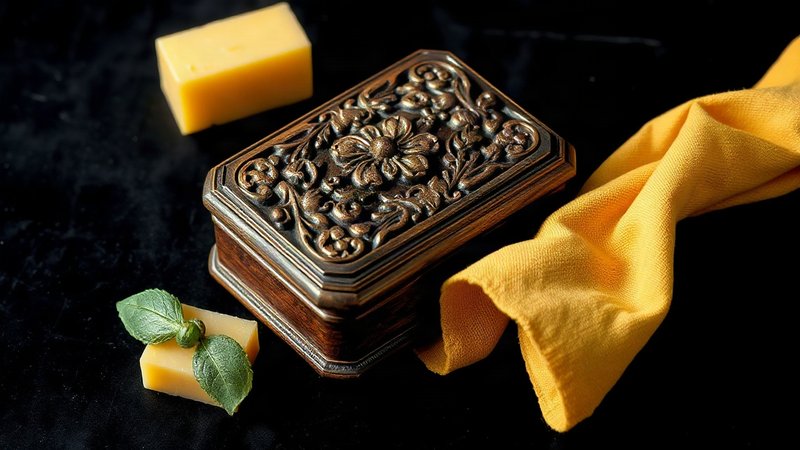 Кусочек желтого пчелиного воска и лоскут мягкой фланели лежат рядом с резной деревянной шкатулкой.