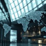 Абстрактная цифровая визуализация узлов финансовых данных и биржевой аналитики