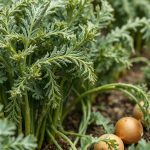 Грядка сочной моркови, пересыпанная древесной золой и табачной пылью в междурядьях.