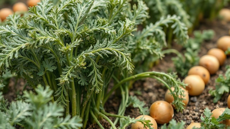 Грядка сочной моркови, пересыпанная древесной золой и табачной пылью в междурядьях.
