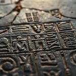 Фрагмент черного базальтового Палермского камня с древнеегипетскими иероглифами.