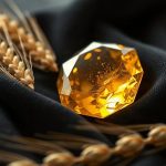 Прозрачный янтарный кристалл цитрина на фоне сухих луговых колосков