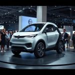 Посетители автосалона рассматривают новый компактный электромобиль на выставочном подиуме