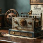 Металлический настольный арифмометр Однера 1874 года с установочными рычажками и рукояткой.