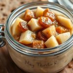 Ароматный смалец с яблоком и луком в стеклянной баночке рядом с ржаным хлебом.