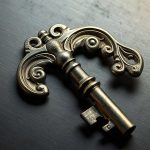 Тяжелый стальной сейфовый ключ с массивной бородкой на металлическом столе.