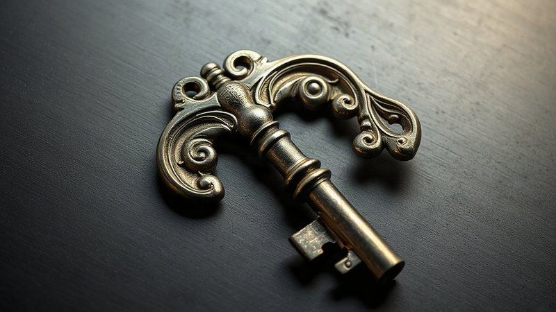 Тяжелый стальной сейфовый ключ с массивной бородкой на металлическом столе.