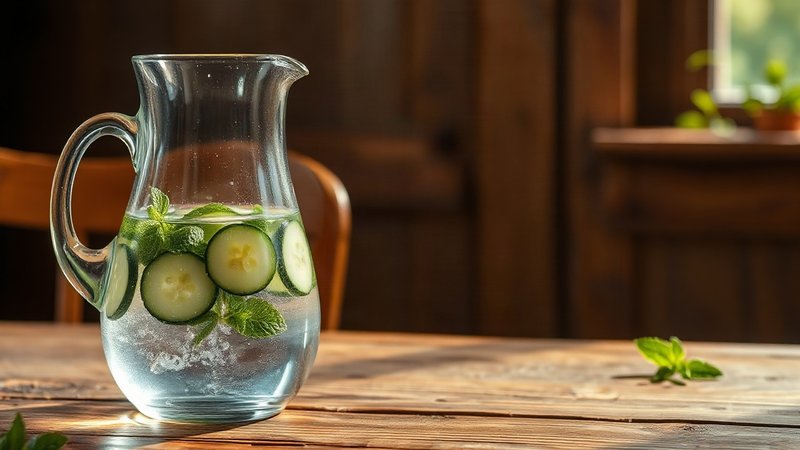 Графин прозрачной ключевой воды со свежими мятой и огурцом на деревянном столе