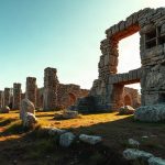 Общий вид старинных каменных руин на месте раскопок в солнечный день.