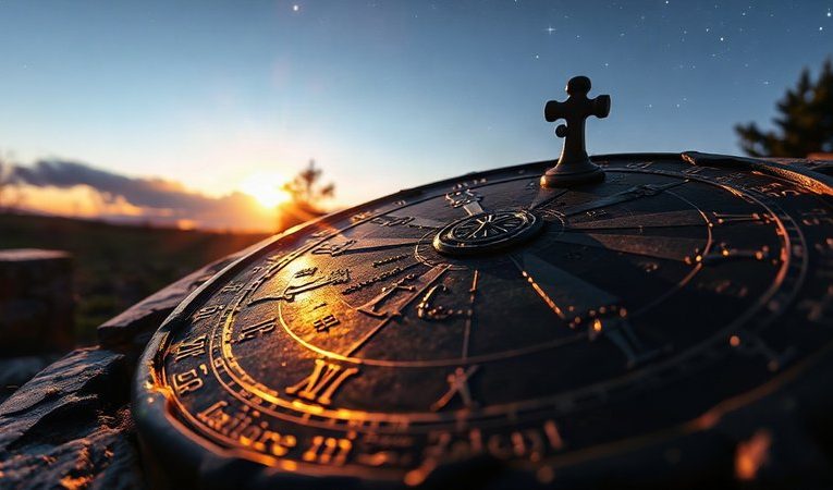 Старинные каменные солнечные часы с резьбой двенадцати знаков зодиака